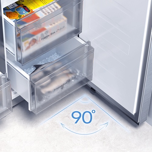 باز شدن کشوهای یخچال هوشمند چهار در شیائومی مدل Mijia Refrigerator Cross Door 502L MRC50ESSMPAEU با زاویه 90 درجه در